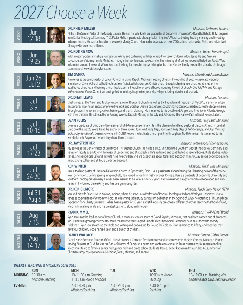 Informational graphic of a 2027 weekly teaching schedule with week blocks, dates, speaker headshots, and bios.