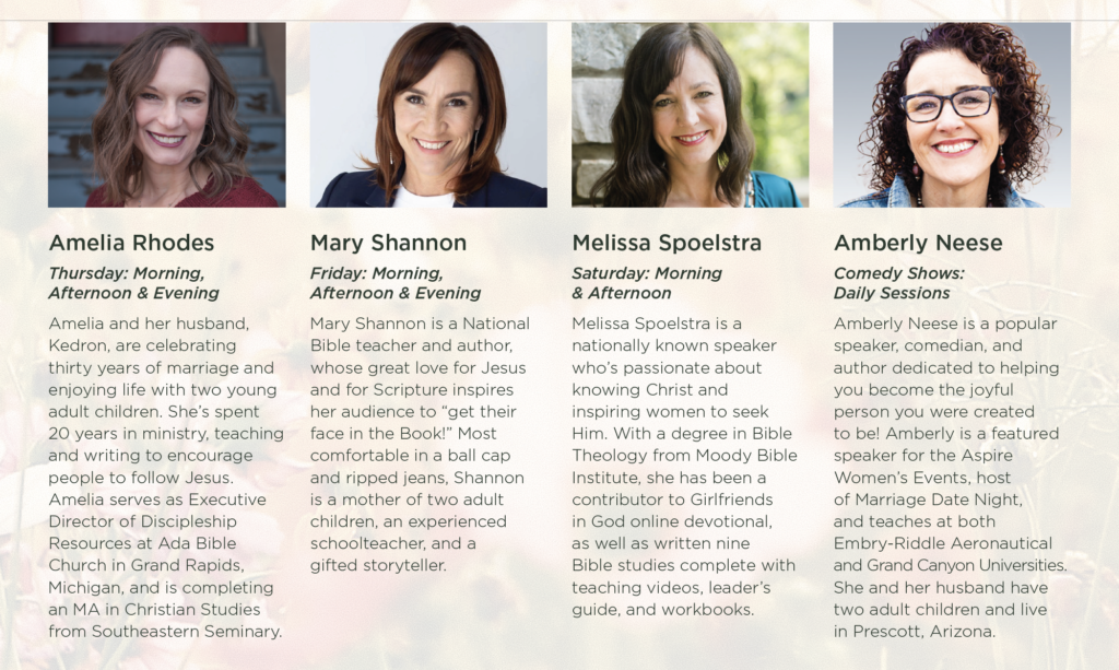 Grid of four speaker headshots with bios: Amelia Rhodes, Mary Shannon, Melissa Spoelstra, and Amberly Neese (speakers lineup).