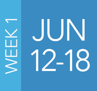 Banner: 'JUN 12-18' for Week 1, with a vertical 'WEEK 1' label on a light blue strip.
