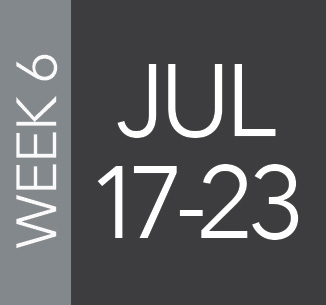 Calendar banner: Week 6 on a vertical stripe beside a dark panel showing July 17–23