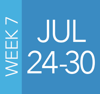 Week 7 announcement: July 24–30 on a blue background with white text